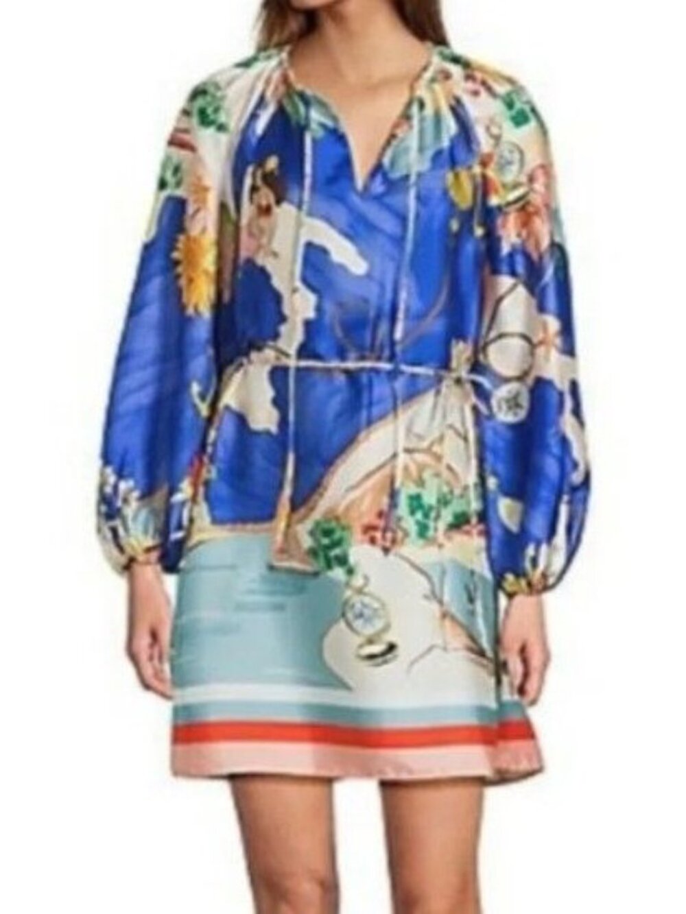 Women's Blue Floral Print Long-Sleeve Mini Dress